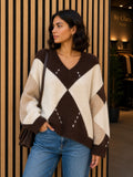 Ruitjes Trui - Wit, Taupe en Bruin